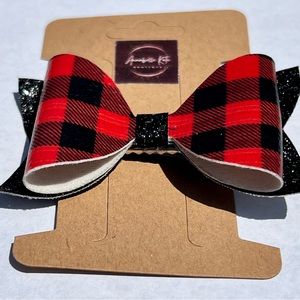 Boutique Custom Made Faux Leather Red & Black Plaid with Black Glitter Hair Bow
